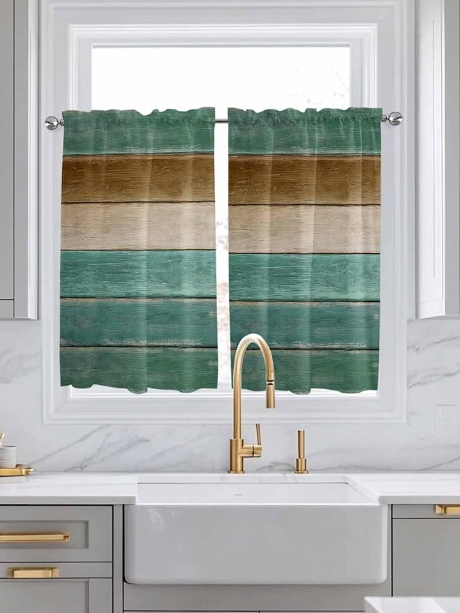 Vintage Plank Turquoise Brown Window Valance Curtains, Farmhouse Wood Grain Light Filtering Kitchen Valance with 3-inch Rod Pocket for Living Room Bathroom Bedroom,2 Panel,42x45In