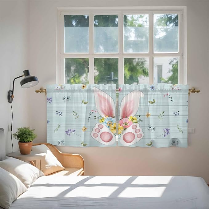 Easter Kitchen Tier Curtains 24 Inch Long 2 Panel Set,Rod Pocket Cafe Small Window Curtains Over Sink,Spring Rabbits Ears Feet Flowers Wooden Grain Light Filtering Short Drapes 27.5"W x 24"L