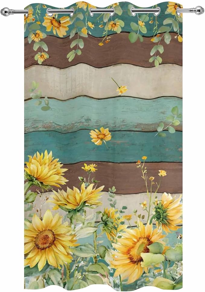 Sunflowers Outdoor Curtains for Patio Summer Floral Eucalyptus Leaves Vintage Wood Waterproof Outside Curtains with Grommet Top Weatherproof Curtain for Cabana Pergola Gazebo, 1 Panel, 54" W x 84" L