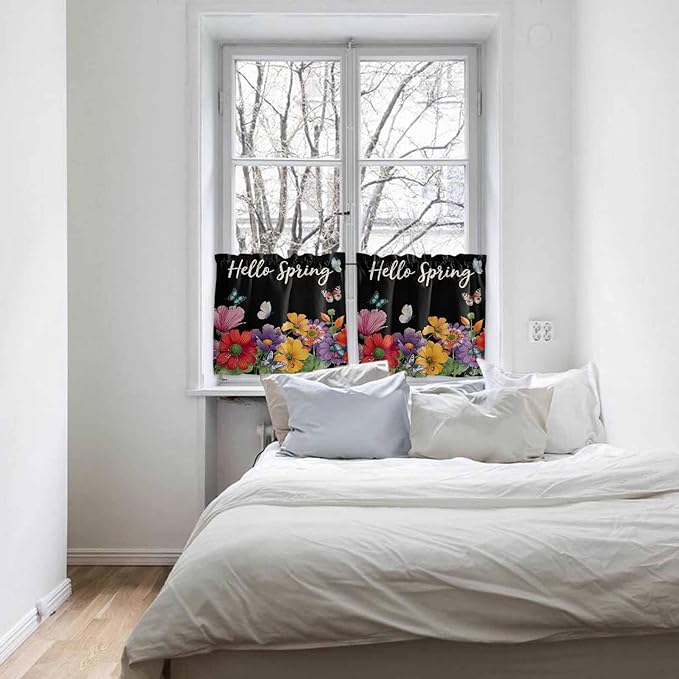 Spring Flowers Half Window Curtains 24 Inches Long, Watercolor Country Colorful Floral Black Window Treatment Curtain Drapes, Short Curtains Tiers for Kitchen Over Sink, 27.5"x24", 2 Panels