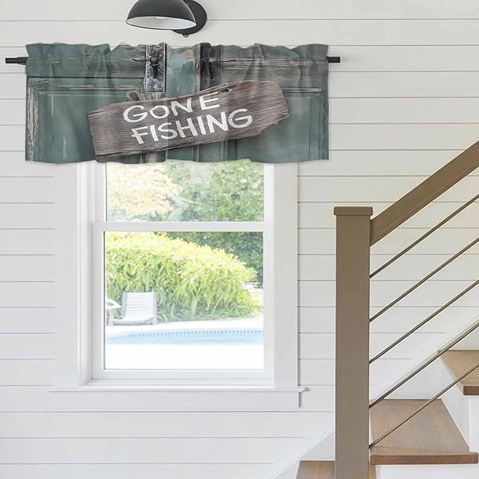 Gone Fishing Valances for Windows, Bronze Wood Grain Kitchen Valance Light Filtering Rod Pocket Short Curtains for Kitchen Bathroom, 1 Panel, 42"x12"