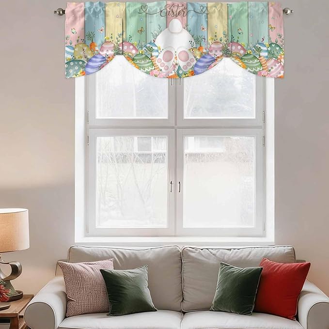 Easter Tie Up Valance Curtains for Windows, Kitchen Curtains Window Shades, Spring Rabbit Ears Foot Eggs Floral Wooden Grain Light Filtering Roman Curtain Valances for Bedroom/Bathroom/Cafe 54"x18"