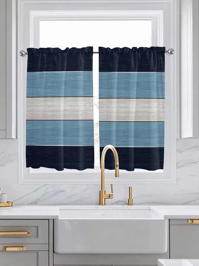 Vintage Country Woodcuts Window Valance Curtains, Blue Gradient Striped Light Filtering Kitchen Valance with 3-inch Rod Pocket for Living Room Bathroom Bedroom,2 Panel,52x54In