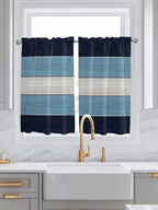 Vintage Country Woodcuts Window Valance Curtains, Blue Gradient Striped Light Filtering Kitchen Valance with 3-inch Rod Pocket for Living Room Bathroom Bedroom,2 Panel,42x54In