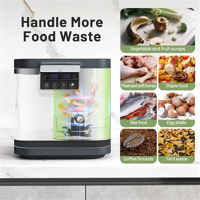 Electric Kitchen Composter with Activated Carbon Filters, LED Display & Auto Timer for Fast Food Waste Reduction