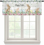 Easter Sheer Valances for Windows 60"x18", Light Filtering Kitchen Curtains Valance, Spring Watercolor Bunny Eggs Flower Leaf Wooden Grey Rod Pocket Chiffon Curtains for Living Room Bedroom Cafe