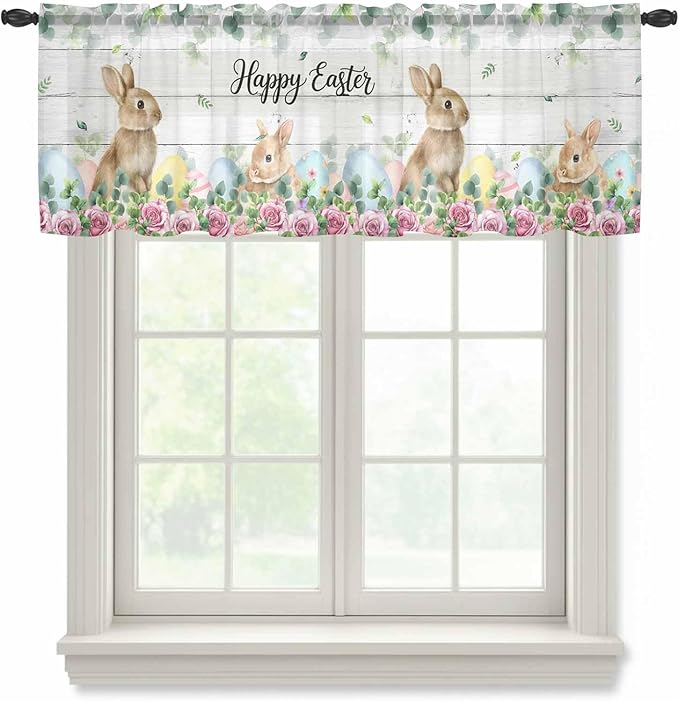 Easter Sheer Valances for Windows 60"x18", Light Filtering Kitchen Curtains Valance, Spring Watercolor Bunny Eggs Flower Leaf Wooden Grey Rod Pocket Chiffon Curtains for Living Room Bedroom Cafe