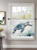Sheer Curtains 45 Inch Length, Teal Green Sea Turtle Semi Sheer Curtains Light Filtering Window Treatment, Summer Ocean Vintage Wood Grain Privacy Voile Drapes for Living Room Bedroom 52x45 Inch