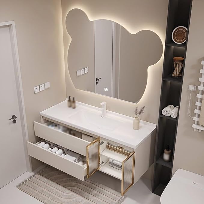 LTSRLL LED Vanity Mirror Cute Bear Decorative Mirror for Bathroom & Dressing Tabler Backlight Wall Mirror with 3 Color Dimmable Light Demister Pad Human Body Sensor Switch(Cut Right,70cmx85cm)