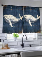 Sheer Curtains 45 Inch Length, Ocean Vintage Whale Semi Sheer Curtains Light Filtering Window Treatment, Summer Retro Wood Grain Privacy Voile Drapes for Living Room Bedroom 52x45 Inch