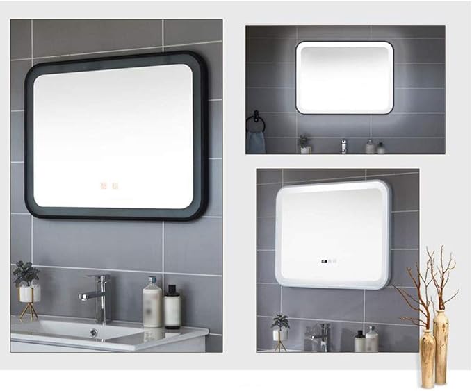 Bathroom Mirror with LED Light and Demister Pad Wall Mounted Mirror Makeup Shaving Mirror Smart Touch Switch (Black 700 * 900mm)