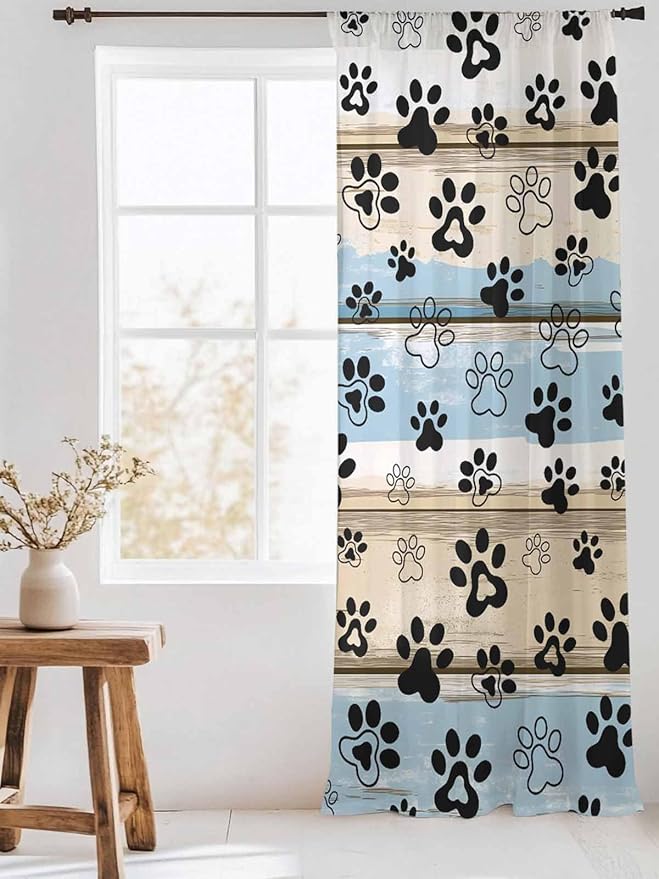 Sheer Curtains 96 Inches Long, Blue Dog Paw Print Semi Sheer Curtains Light Filtering Window Treatment, Vintage Farmhouse Rustic Wooden Grain Privacy Voile Drapes for Living Room Bedroom 52x96 Inch