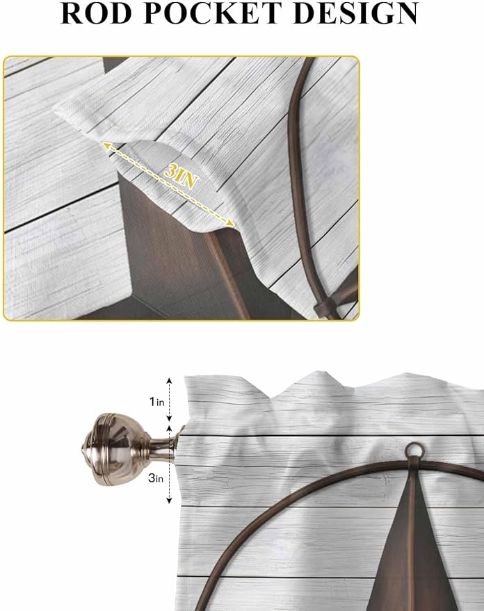 Vintage Farm Western Star Window Valance Curtains, White Wood Grain Light Filtering Kitchen Valance with 3-inch Rod Pocket for Living Room Bathroom Bedroom,2 Panel,42x54In