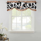Cow Printed Tie Up Valance Curtains for Windows, Kitchen Curtains Window Shades, Farmhouse Watercolor Country Wooden Grain Light Filtering Roman Curtain Valances for Bedroom/Bathroom/Cafe 60"x18"