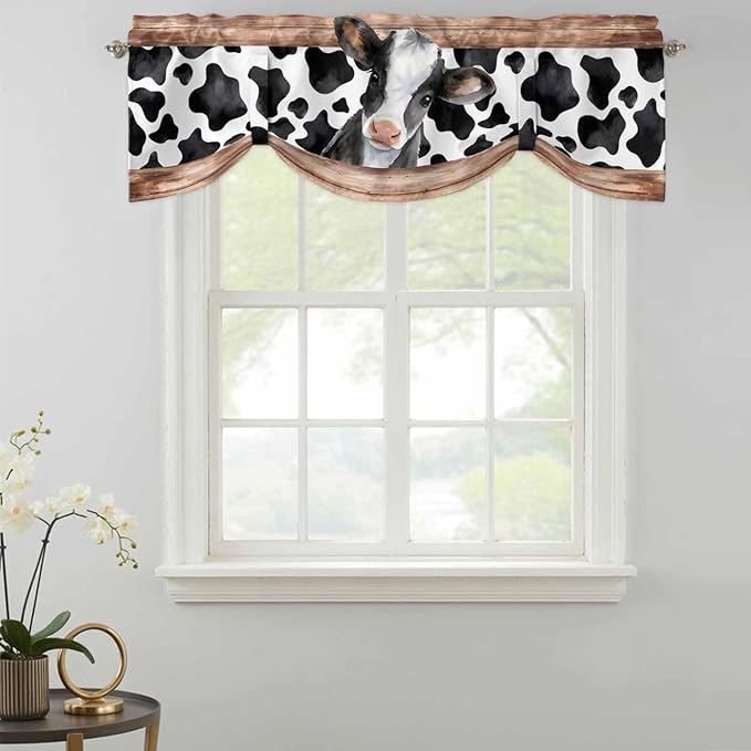 Cow Printed Tie Up Valance Curtains for Windows, Kitchen Curtains Window Shades, Farmhouse Watercolor Country Wooden Grain Light Filtering Roman Curtain Valances for Bedroom/Bathroom/Cafe 60"x18"