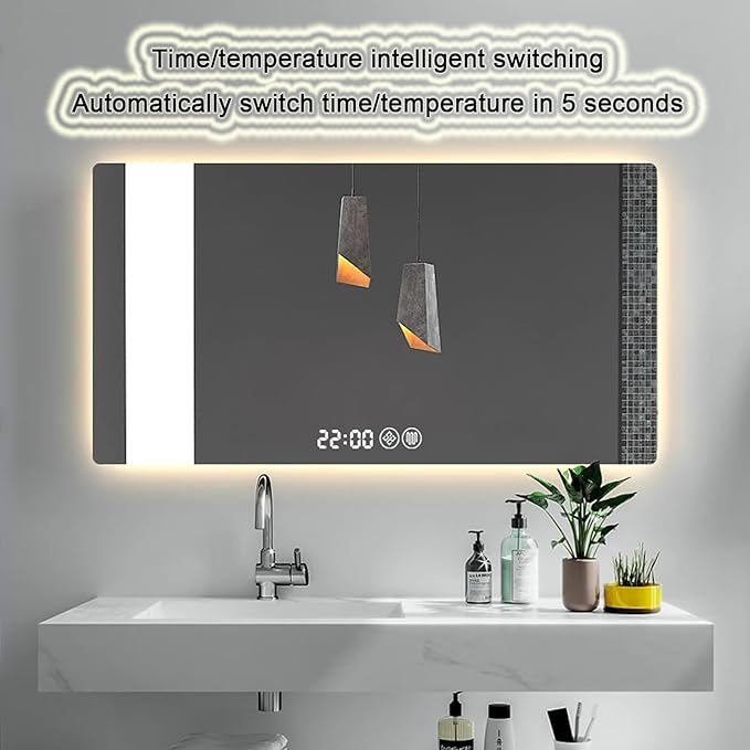 Bathroom Mirror with LED Lights，LED Bathroom Mirror，Smart Lighted Bathroom Mirror for Wall，Energy-Saving LED Smart Mirrors，with Demister Pad，Three-Color Light(H70*W90cm/H27.6*W35.4IN)