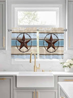 Vintage Western Star on Wood Grain Window Valance Curtains, Retro Wooden Texture Light Filtering Kitchen Valance with 3-inch Rod Pocket for Living Room Bathroom Bedroom,2 Panel,27.5x36In