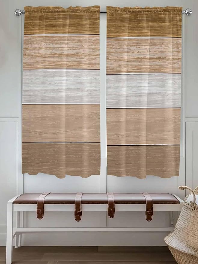 Retro Farm Wood Board Window Valance Curtains, Brown Graduality Striped Light Filtering Kitchen Valance with 3-inch Rod Pocket for Living Room Bathroom Bedroom,2 Panel,52x72In