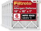Filtrete 18x18x1 AC Furnace Air Filter, MERV 11, MPR 1000, Micro Allergen Defense, 3-Month Pleated 1-Inch Electrostatic Air Cleaning Filter, 6 Pack (Actual Size 17.81x17.81x0.81 in)