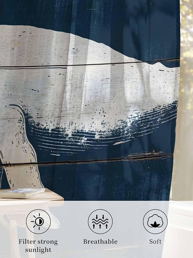 Sheer Curtains 54 Inch Length, Ocean Whale Blue Semi Sheer Curtains Light Filtering Window Treatment, Watercolor Coastal Vintage Wood Grain Privacy Voile Drapes for Living Room Bedroom 52x54 Inch