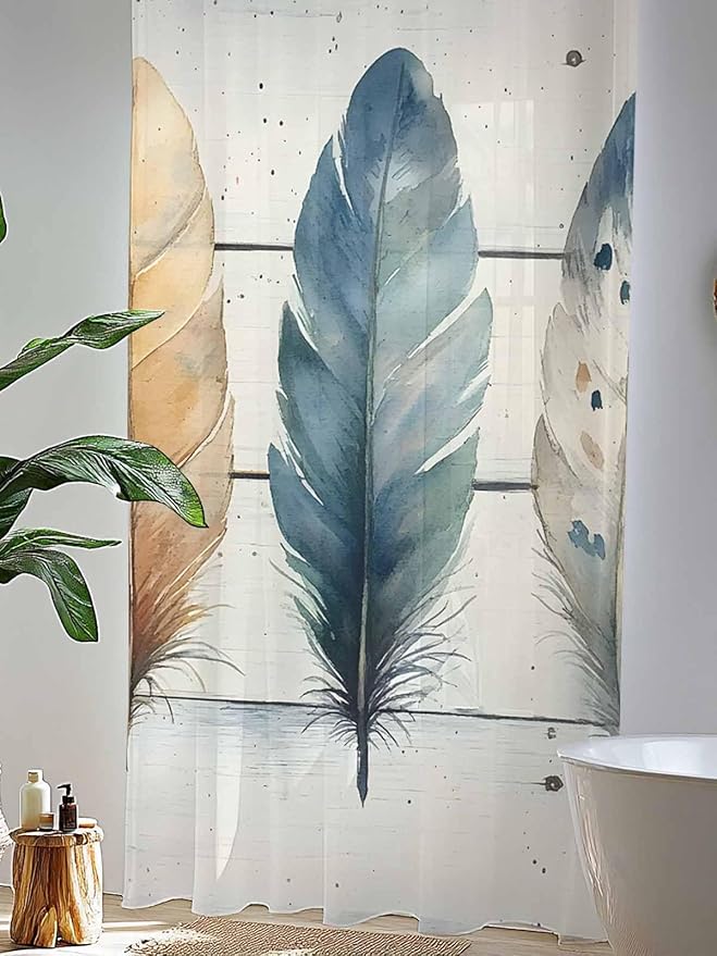 Sheer Curtains 108 Inches Long, Boho Blue Feathers Semi Sheer Curtains Light Filtering Window Treatment, Country Vintage Wooden Grain Privacy Voile Drapes for Living Room Bedroom 52x108 Inch