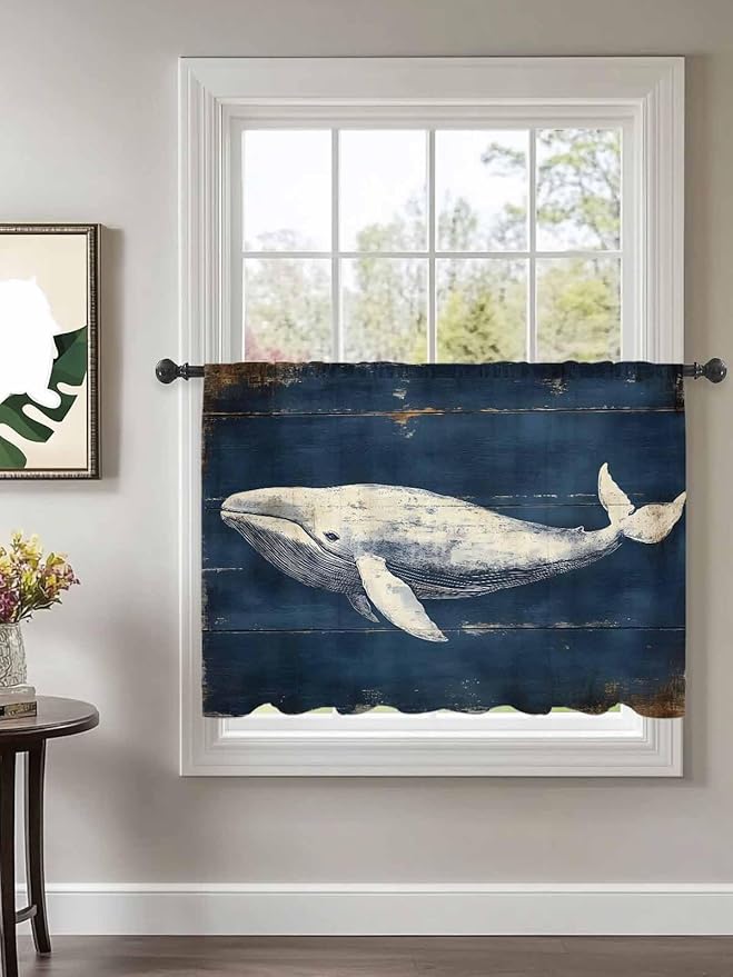 Sheer Curtains 45 Inch Length, Ocean Vintage Whale Semi Sheer Curtains Light Filtering Window Treatment, Summer Retro Wood Grain Privacy Voile Drapes for Living Room Bedroom 52x45 Inch