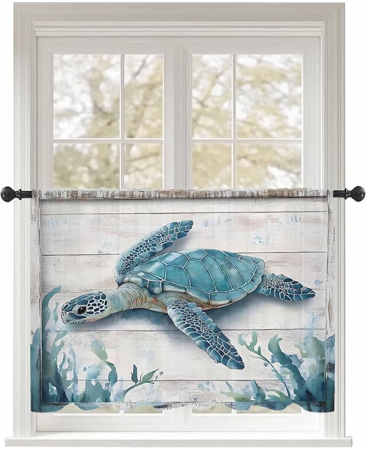 Sheer Curtains 45 Inch Length, Teal Green Sea Turtle Semi Sheer Curtains Light Filtering Window Treatment, Summer Ocean Seaweed Wood Grain Privacy Voile Drapes for Living Room Bedroom 52x45 Inch