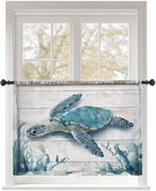 Sheer Curtains 45 Inch Length, Teal Green Sea Turtle Semi Sheer Curtains Light Filtering Window Treatment, Summer Ocean Seaweed Wood Grain Privacy Voile Drapes for Living Room Bedroom 52x45 Inch