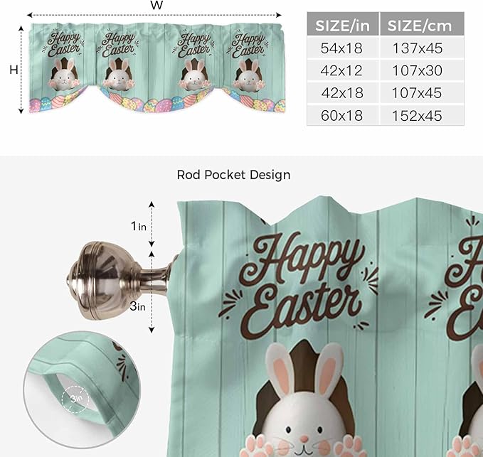 Green Easter Tie Up Valance Curtains for Windows, Kitchen Curtains Window Shades, Spring Cartoon Bunny Colorful Eggs Wood Grain Light Filtering Roman Curtain Valances for Bedroom/Bathroom/Cafe 42"x12"