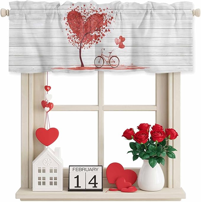Valentine's Day Valance Curtains for Kitchen, Red Love Trees Bicycles Balloons Wood Grain Privacy Rod Pocket Valance Curtain, Light-Filtering Window Treatment for Bedroom Bathroom, 60"x18"