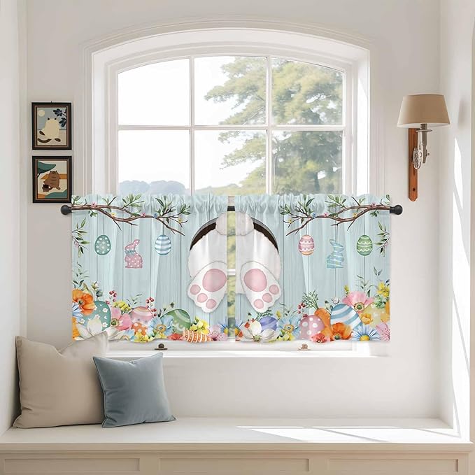 Easter Bunny Kitchen Tier Curtains 24 Inch Long 2 Panel Set,Rod Pocket Cafe Small Window Curtains Over Sink,Easter Eggs Spring Farmhouse Wood Grain Teal Blue Light Filtering Short Drapes 27.5"W x 24"L