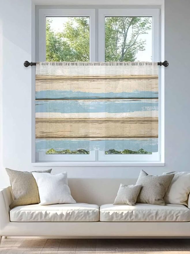 Sheer Curtains 54 Inch Length, Vintage Geometric Blue Semi Sheer Curtains Light Filtering Window Treatment, Abstract Country Shabby Wood Grain Privacy Voile Drapes for Living Room Bedroom 52x54 Inch