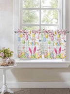 Happy Easter Half Window Curtains 24 Inches Long, Spring Watercolor Bunny Eggs Flower Grey Plaid Window Treatment Curtain Drapes, Short Curtains Tiers for Kitchen Over Sink, 27.5"x24", 2 Panels