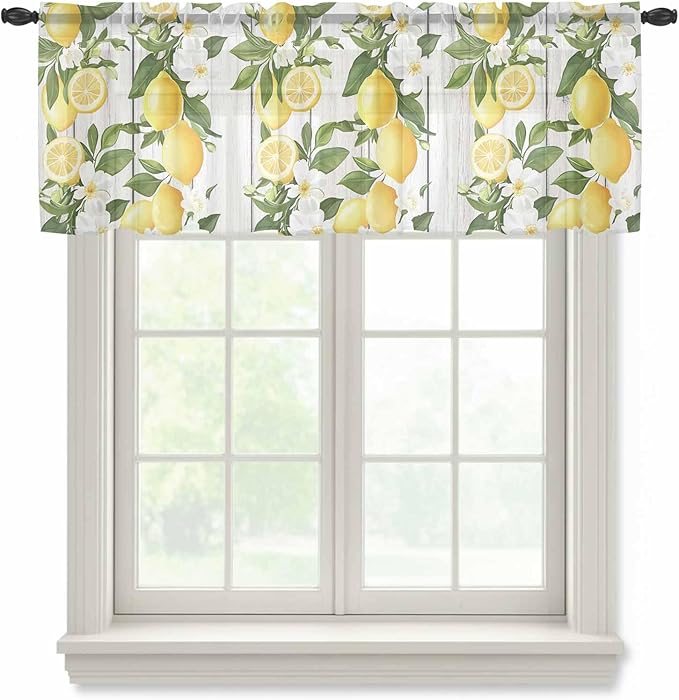 Spring Summer Lemon Sheer Valance Curtains, Leaf Flower White Wood Grain Light Filtering Kitchen Valances Rod Pocket Voile Curtain Window Treatment for Bedroom/Living Room/Basement 42Wx18L