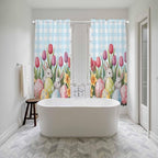Easter Window Curtains 72 Inch Long 2 Panel Set,Rod Pocket Long Curtains & Drapes,Spring Bunny Colorful Eggs Tulip Flowers Blue Check Light Filtering Window Treatment for Bedroom 52"W x 72"L