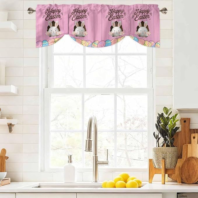 Pink Easter Tie Up Valance Curtains for Windows,Kitchen Curtains Window Shades,Easter Bunny Eggs Spring Cartoon Farmhouse Wood Grain Light Filtering Curtain Valances for Bedroom/Bathroom/Cafe 42"x18"