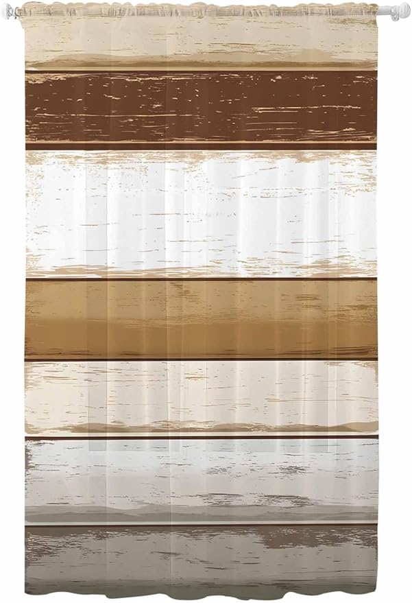 Sheer Curtains 96 Inches Long, Brown Wood Grain Semi Sheer Curtains Light Filtering Window Treatment, Vintage Country Geometric Striped Privacy Voile Drapes for Living Room Bedroom 52x96 Inch
