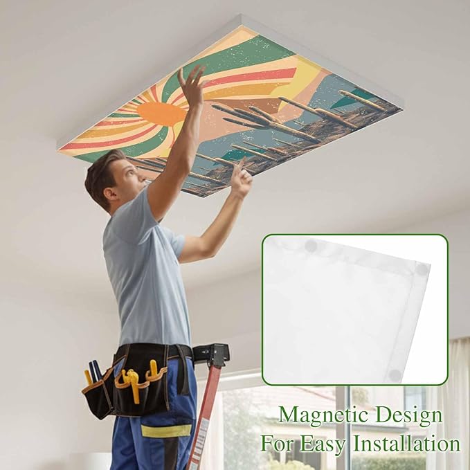 Fluorescent Light Covers for Ceiling Lights Cactus Desert Magnetic Light Filters 1 Pack 4x2 ft Boho Abstract Sun Mountain Rainbow Ceiling Lights Cover for Classroom Office School Home Drop Lamp Decor