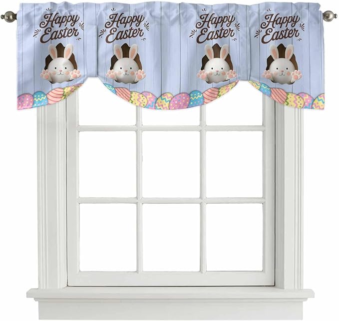 Blue Easter Tie Up Valance Curtains for Windows, Kitchen Curtains Window Shades, Spring Cartoon Bunny Colorful Eggs Wood Grain Light Filtering Roman Curtain Valances for Bedroom/Bathroom/Cafe 42"x12"