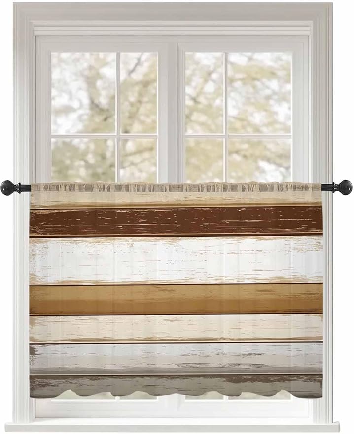 Sheer Curtains 45 Inch Length, Brown Wood Grain Semi Sheer Curtains Light Filtering Window Treatment, Vintage Country Geometric Striped Privacy Voile Drapes for Living Room Bedroom 52x45 Inch