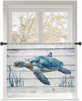Sheer Curtains 45 Inch Length, Sea Turtle Blue Semi Sheer Curtains Light Filtering Window Treatment, Coastal Ocean Seaweed Wood Grain Privacy Voile Drapes for Living Room Bedroom 52x45 Inch