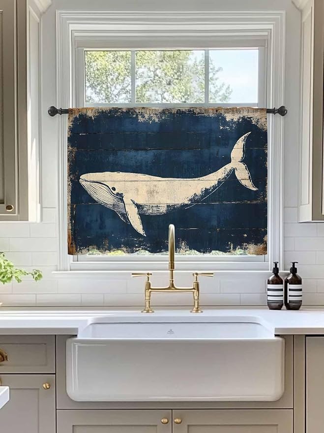 Sheer Curtains 54 Inch Length, Ocean Whale Blue Semi Sheer Curtains Light Filtering Window Treatment, Summer Coastal Vintage Wood Grain Privacy Voile Drapes for Living Room Bedroom 52x54 Inch