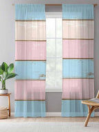 Sheer Curtains 84 Inches Long, Pink Blue Wood Grain Semi Sheer Curtains Light Filtering Window Treatment, Farmhouse Country Shabby Striped Privacy Voile Drapes for Living Room Bedroom 52x84 Inch