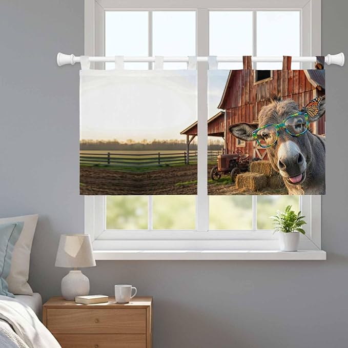 Farm Donkeys Kitchen Curtains 24 Inch Length, Small Window Curtains Tab Top, Farmhouse Barn Funny Animals Butterfly Light Filtering Short Window Treatments Tier Drapes 27.5"x24" 2 Panel