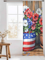 Sheer Curtains 96 Inches Long, Red Blue Flower Semi Sheer Curtains Light Filtering Window Treatment, Retro Independence Day Flag Wood Grain Privacy Voile Drapes for Living Room Bedroom 52x96 Inch