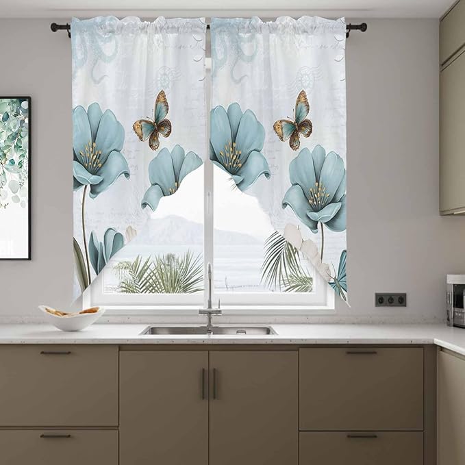 Blue Tulips Swag Valances for Windows, Watercolor Flowers Butterfly Spring Farmhouse Blue Rod Pocket Kitchen Curtains Valance, Kitchen Window Curtains Swag for Cafe Living Room, 2 Panels, 36x45 inch