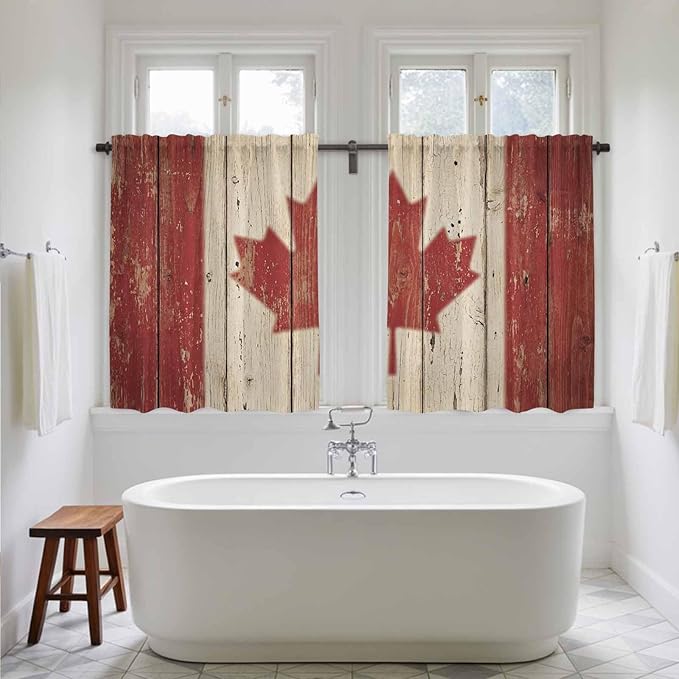 Canada Kitchen Curtains, Red Maple Leaf Flag Vintage Farmhouse Wooden Grain Light Filtering Window Curtain Panels, 2Pcs Rod Pocket Window Treatments Set for Study Room Bathroom Bedroom 52x54 Inches