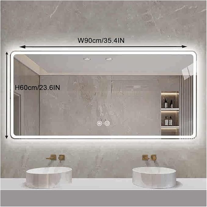 Smart Illuminated LED Bathroom Mirror，Bathroom Mirror with LED Lights，Energy-Saving LED Smart Mirrors，LED Mirror for Bathroom，with Demister Pad and Smart Touch Switch(H60*W90cm/H23.6*W35.4IN)