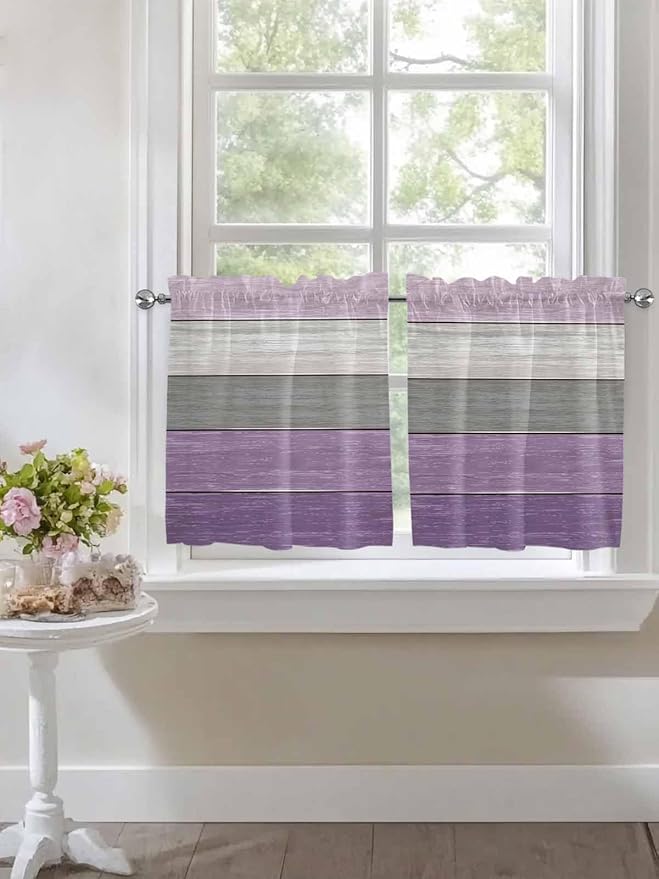 Country Wood Board Gray Purple Window Valance Curtains, Farmhouse Gradient Plank Light Filtering Kitchen Valance with 3-inch Rod Pocket for Living Room Bathroom Bedroom,2 Panel,27.5x36In