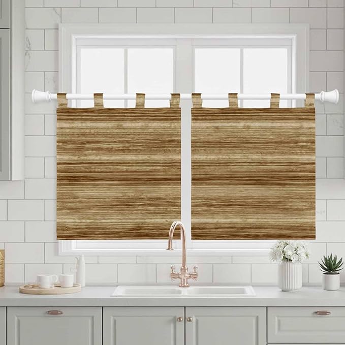 Vintage Western Kitchen Curtains 36 Inch Length, Small Window Curtains Tab Top, Rustic Farmhouse Wooden Grain Barn Door Light Filtering Short Window Treatments Tier Drapes 27.5"x36" 2 Panel